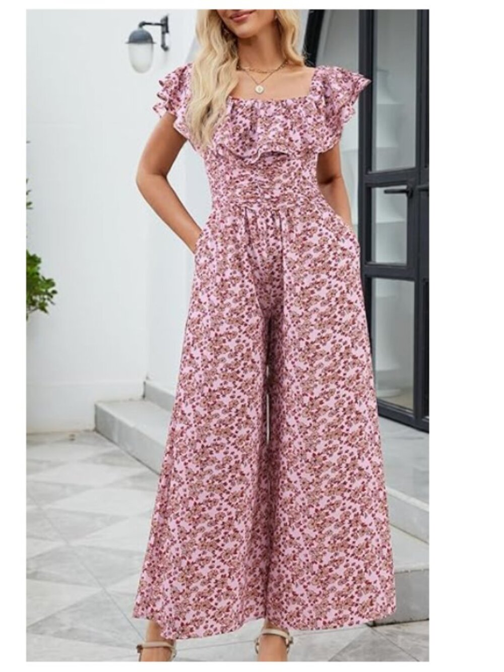 Gardenwed Pink Floral Wide-Leg Ruffle Short Sleeve Square Neck Jumpsuit Size XL